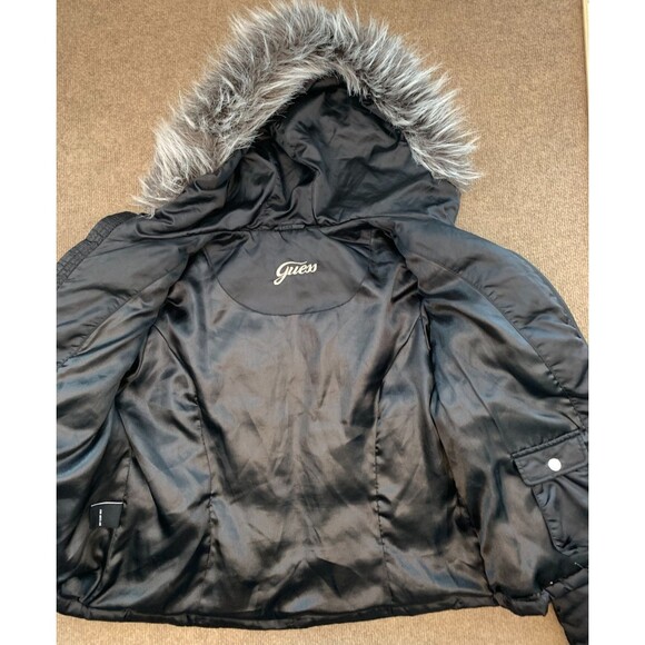 Guess Jacket Womens XL Down Feathers Vegan Fur Hooded Quilted Nylon Cargo Pocket - Picture 4 of 12